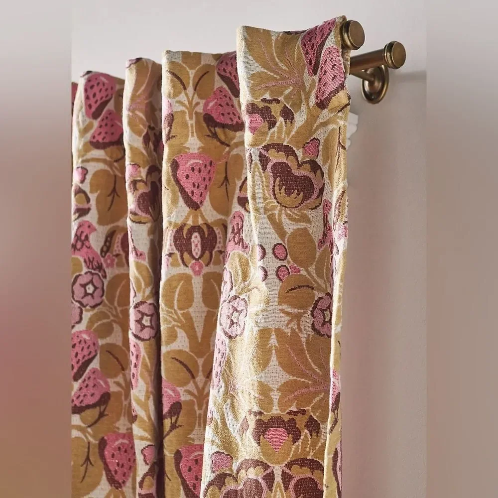 New Anthropologie Cotton Jacquard Strawberry Bird Curtain 50”x 84”Set of Two